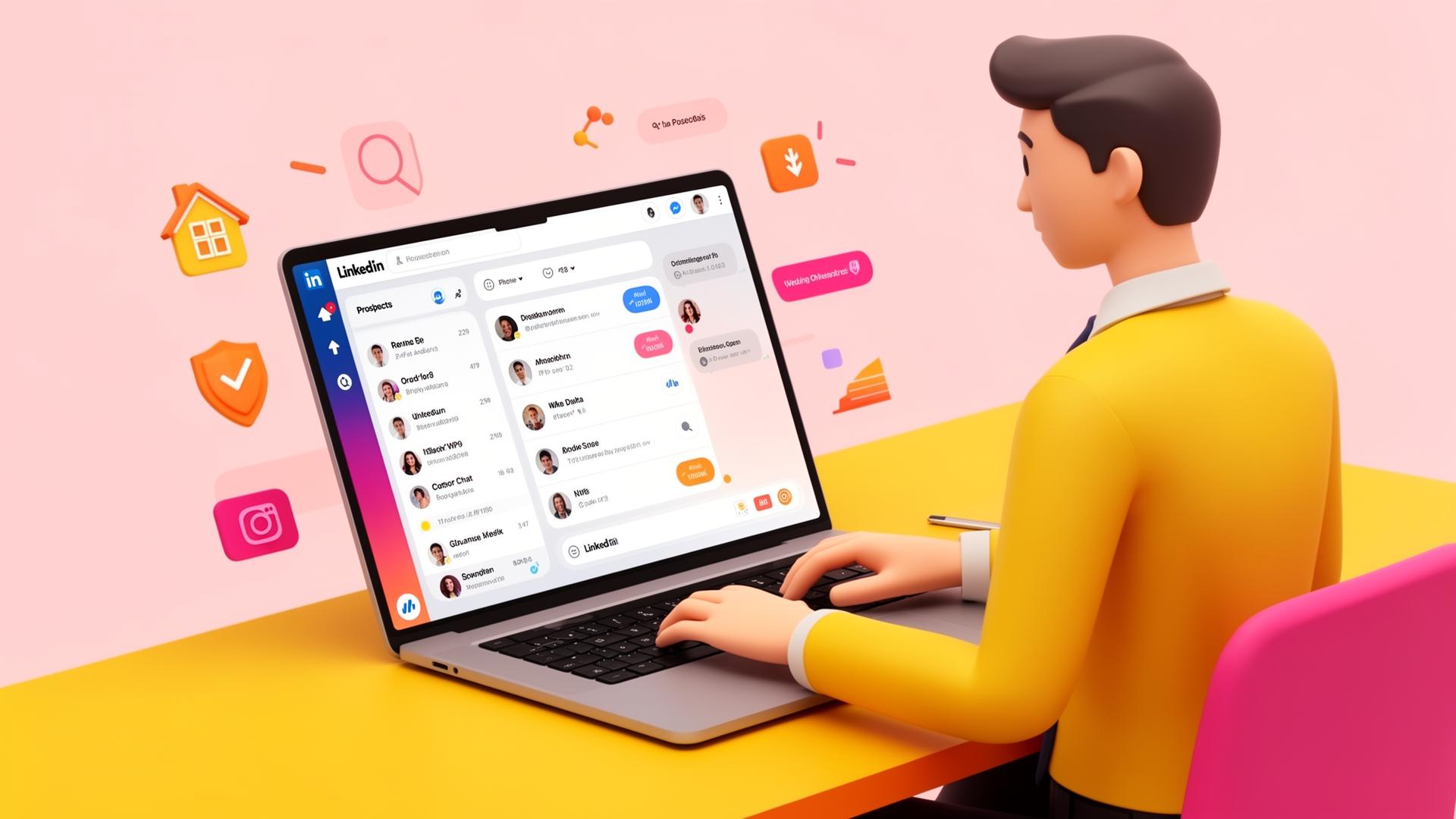 Agent using LeadVista LinkedIn prospecting dashboard with property and insurance icons