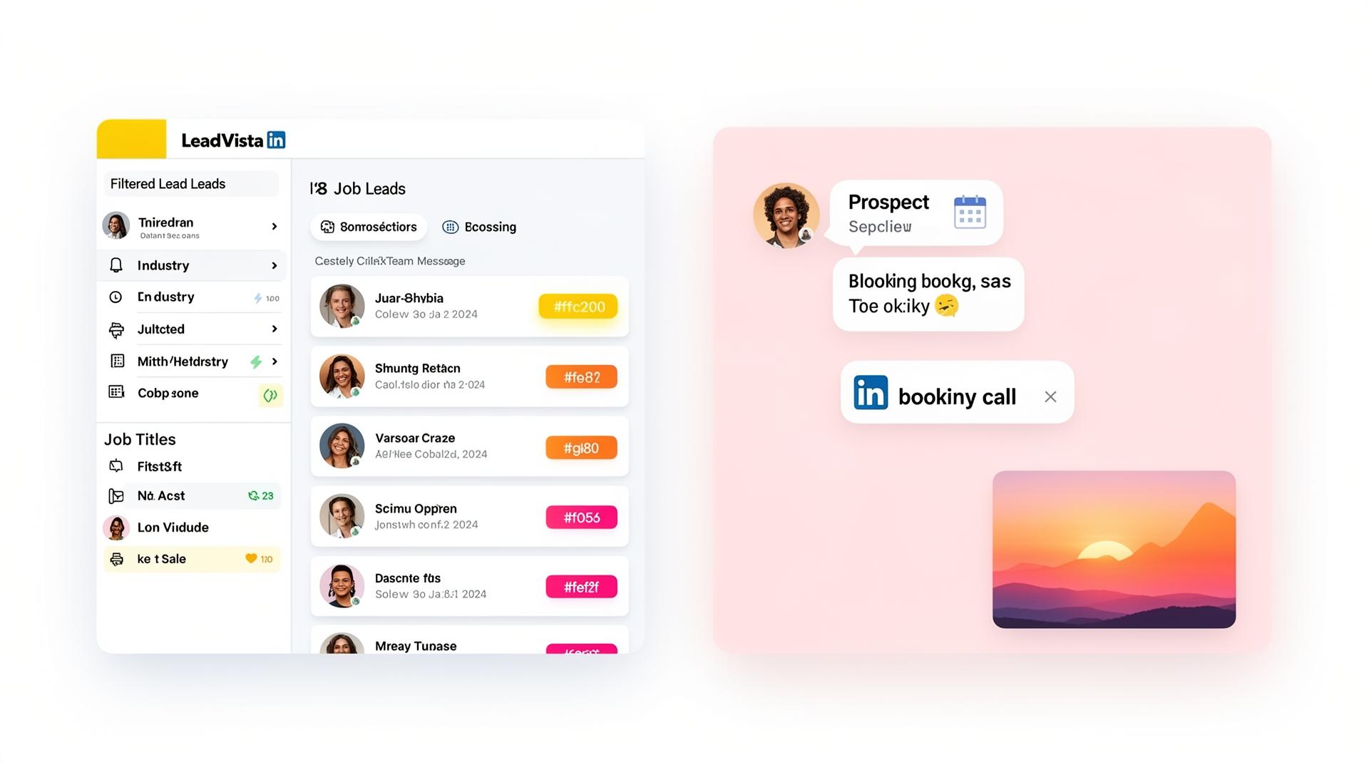 LeadVista B2B LinkedIn lead generation dashboard showing filtered lead lists and conversation threads
