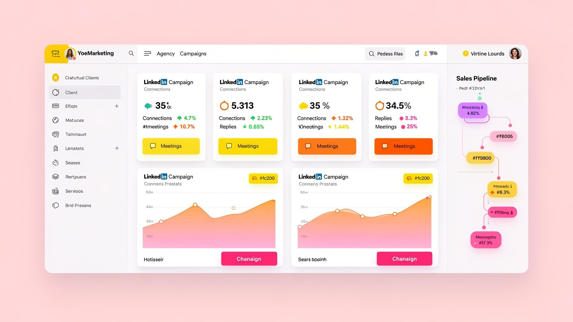 Agency dashboard showing multiple client LinkedIn campaigns with metrics and sales pipeline