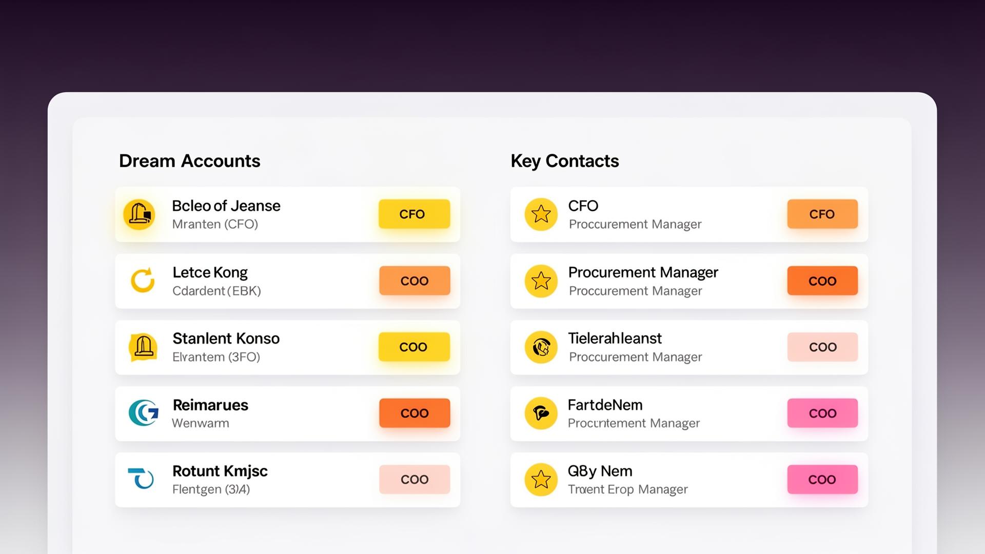 High-value target dashboard showing dream accounts and key contacts with status tags
