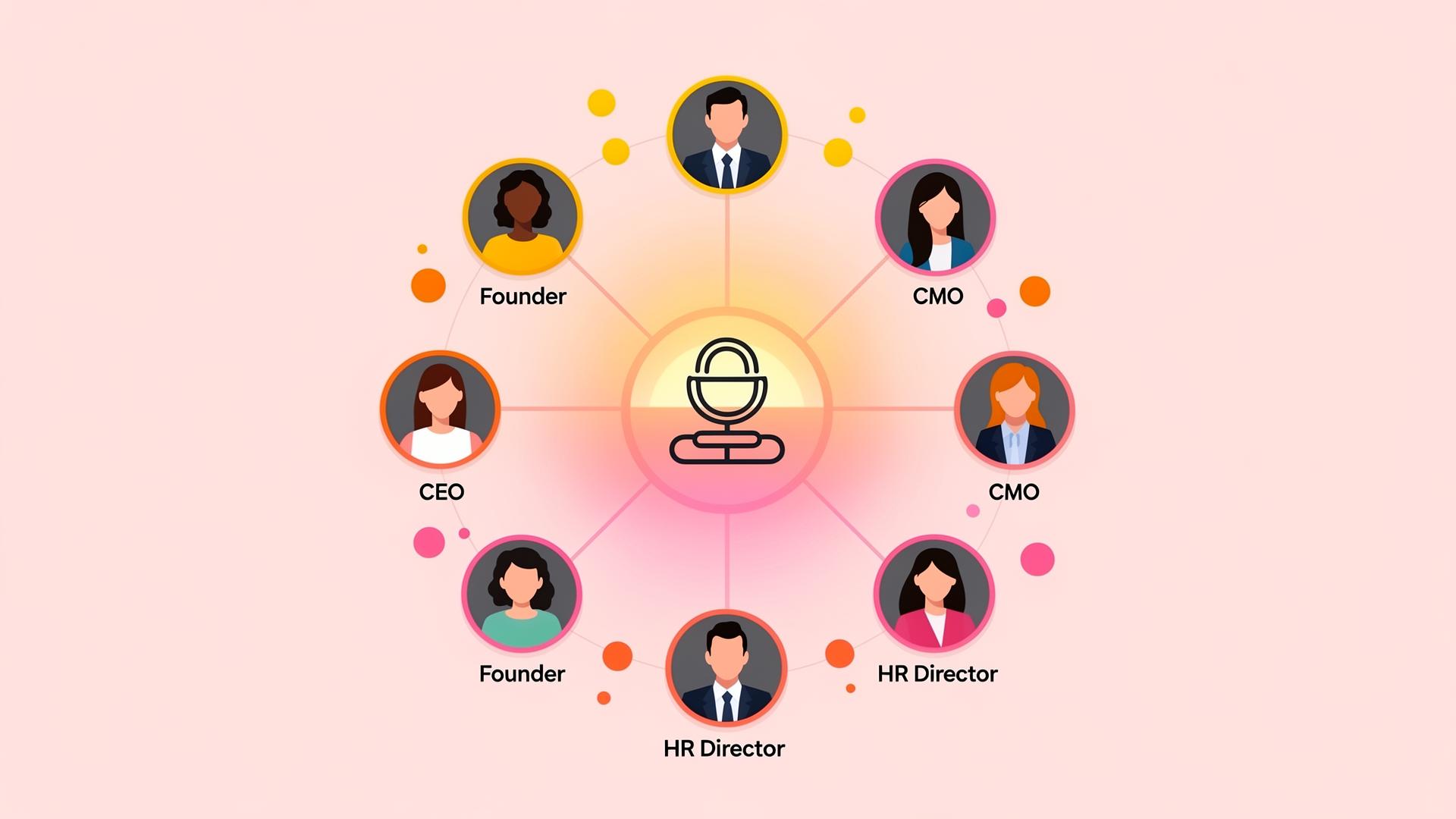 Networking community hub with connected professional profiles including CEOs, Founders, CMOs, and HR Directors